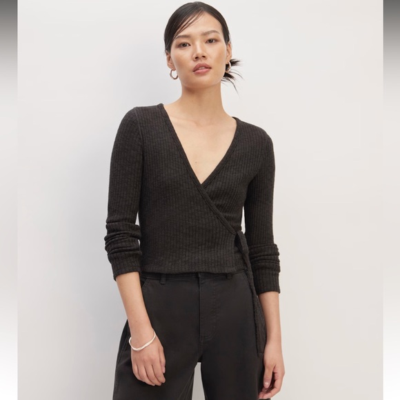 Everlane black/gray heather Cozy-Rib Wrap Top. Medium. EUC. - Picture 5 of 16
